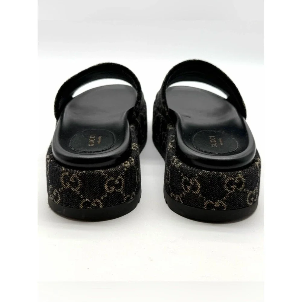 Gucci Angelina GG Monogram Platform in Black Denim Slide Sandals EU 39.5 US 9.5